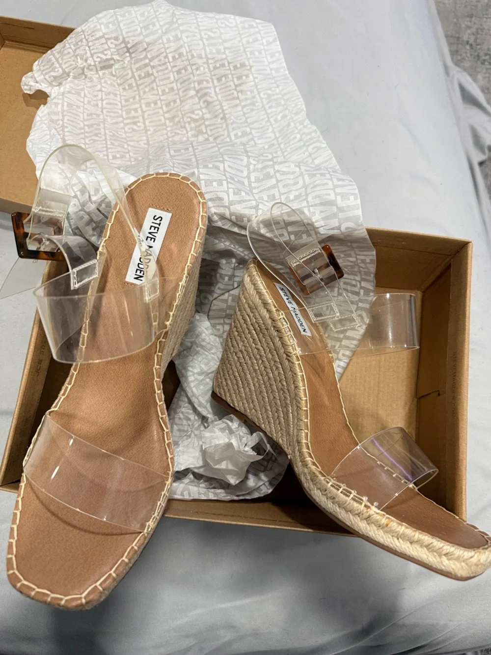 Steve Madden Clear Strap Espadrille Wedges in Clear and Tan